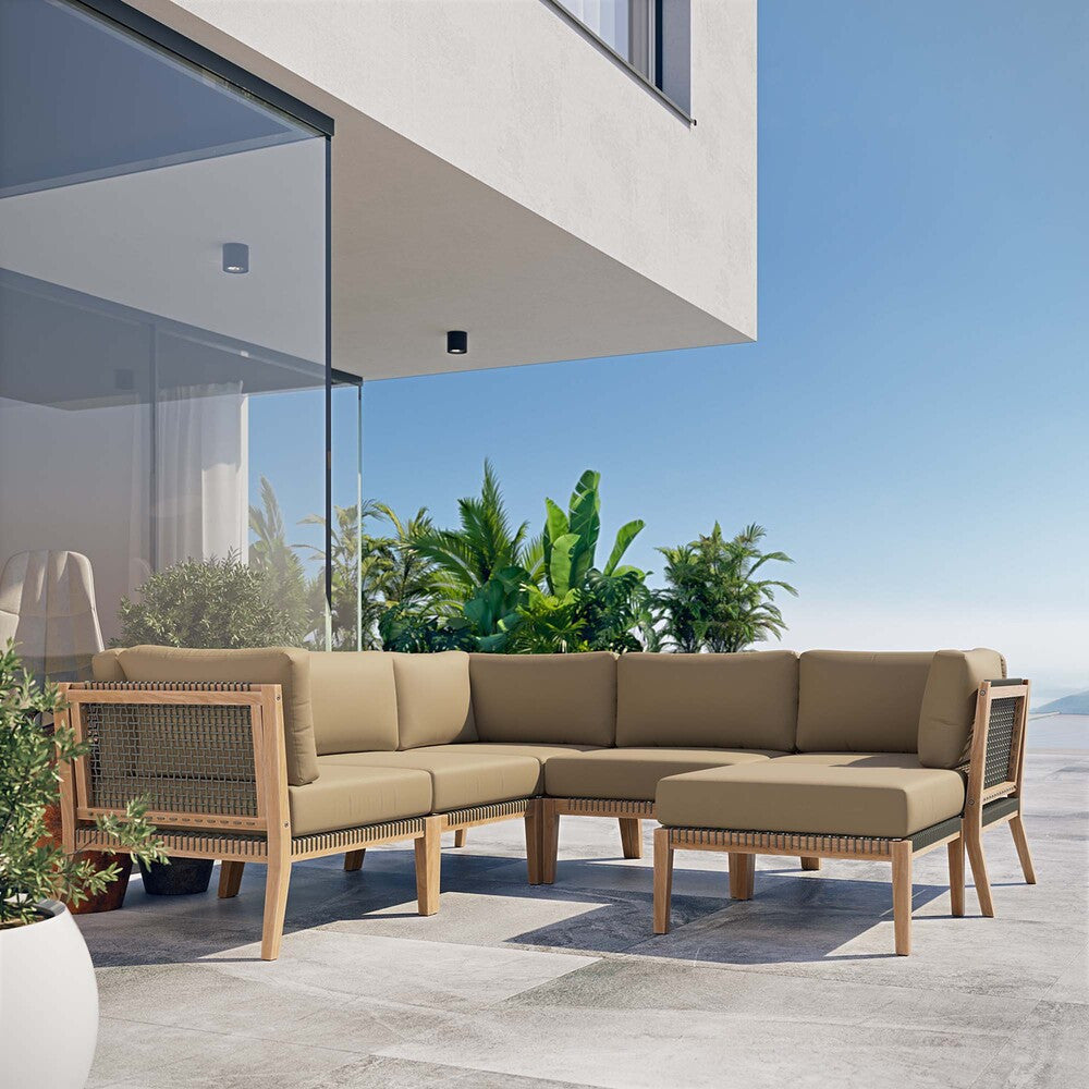 EEI-6124 Clearwater 6-Piece Outdoor Patio Teak Wood Sectional Sofa by Modway