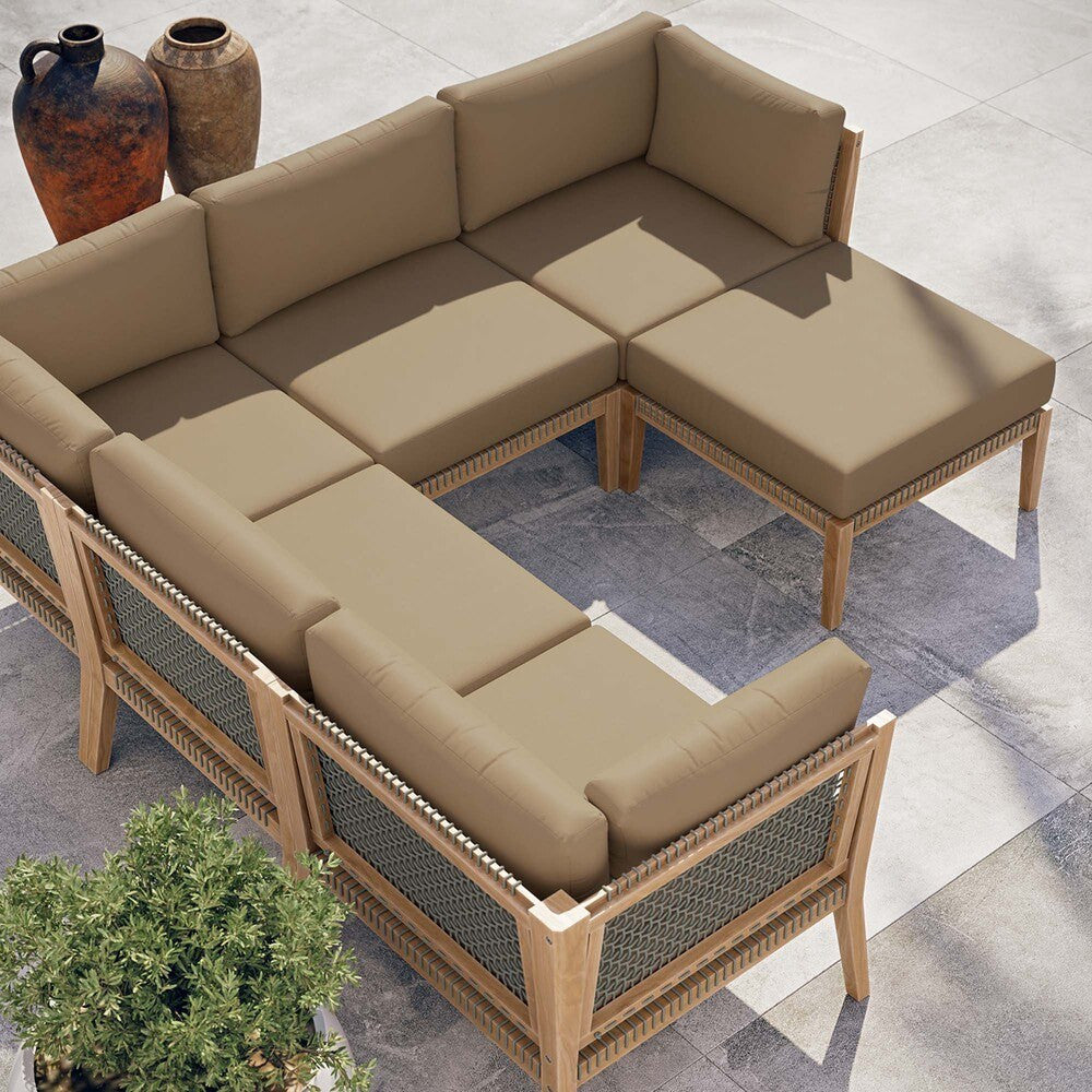 EEI-6124 Clearwater 6-Piece Outdoor Patio Teak Wood Sectional Sofa by Modway