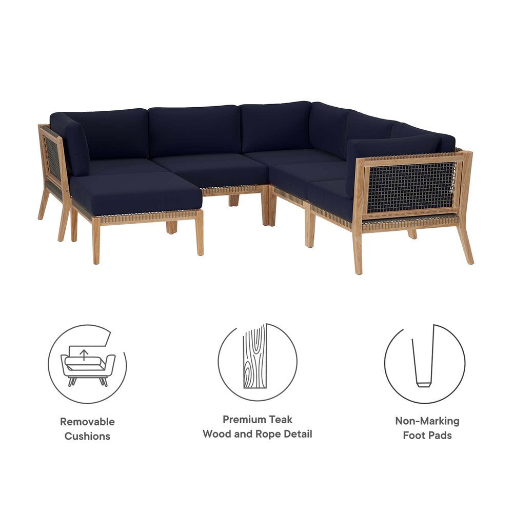 EEI-6124 Clearwater 6-Piece Outdoor Patio Teak Wood Sectional Sofa by Modway