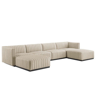 Modway EEI-5790-BLK-BEI Conjure 6-Piece Channel Tufted Upholstered Fabric Sectional Sofa Black Beige