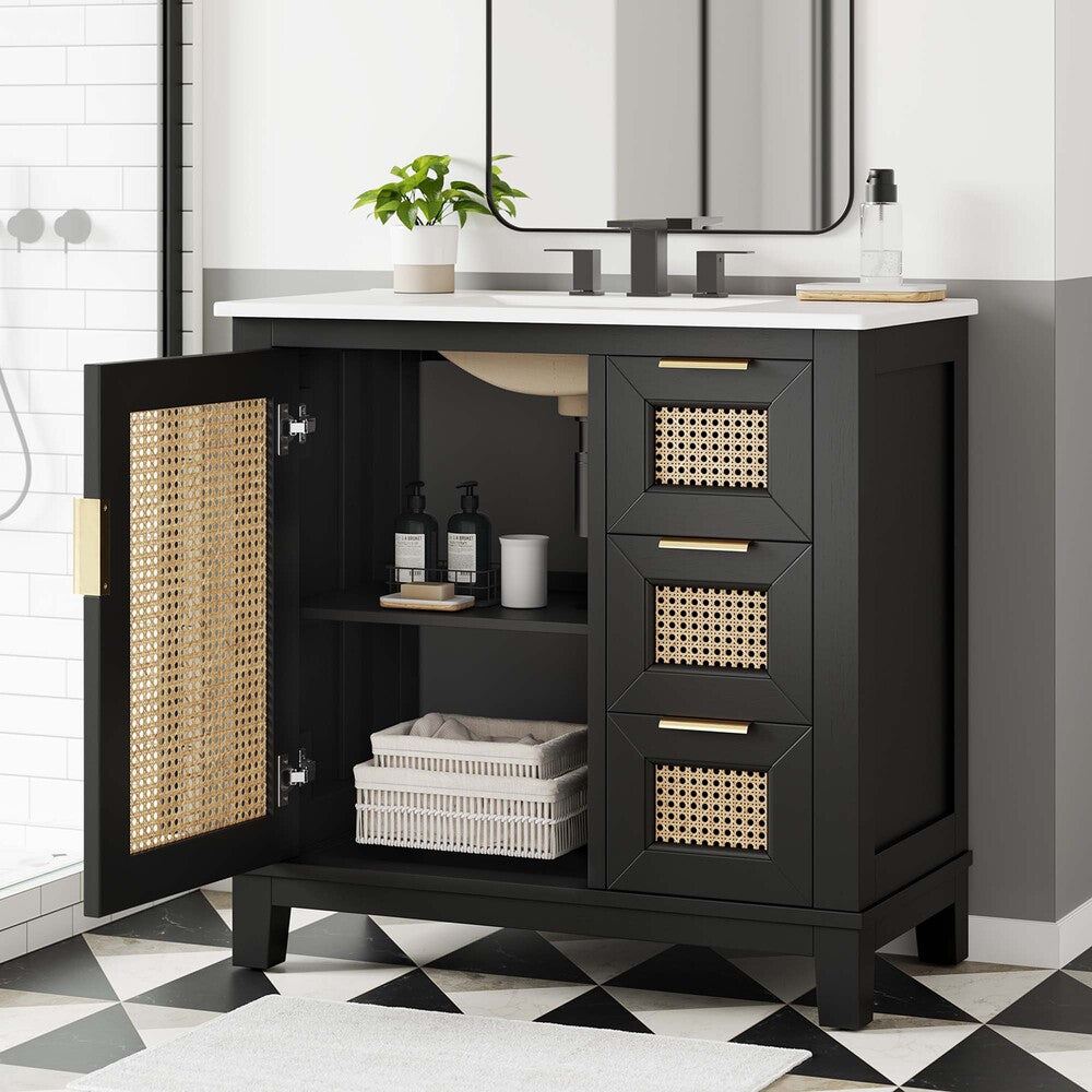 EEI-6725-BLK-WHI Dixie 36" Solid Wood Bathroom Vanity Cabinet by Modway