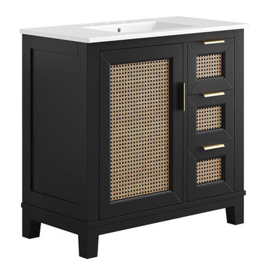 Modway EEI-6725-BLK-WHI Dixie 36" Solid Wood Bathroom Vanity Cabinet Black White