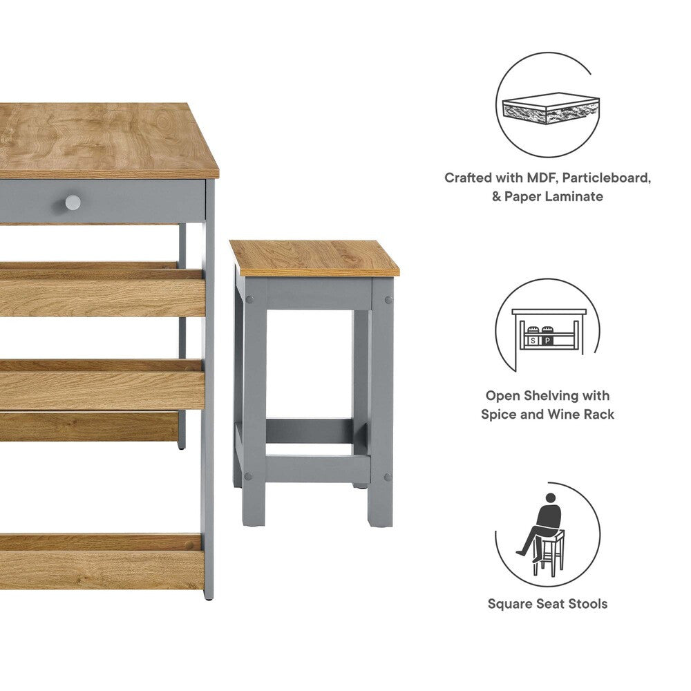 EEI-6730-OAK-GRY Galley 3-Piece Kitchen Island and Stool Set by Modway