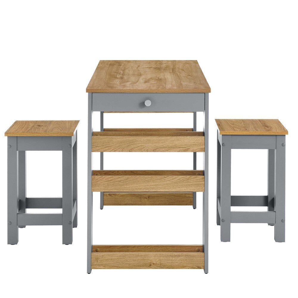 EEI-6730-OAK-GRY Galley 3-Piece Kitchen Island and Stool Set by Modway