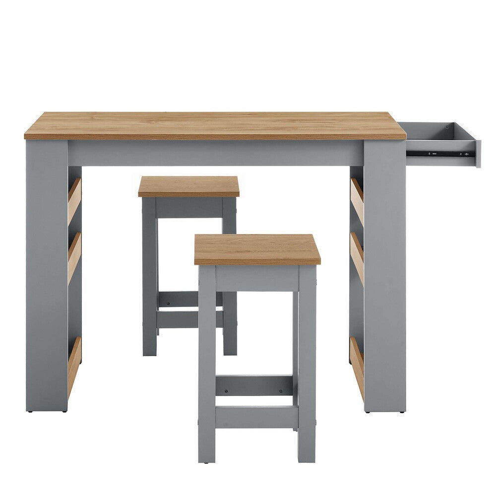 EEI-6730-OAK-GRY Galley 3-Piece Kitchen Island and Stool Set by Modway