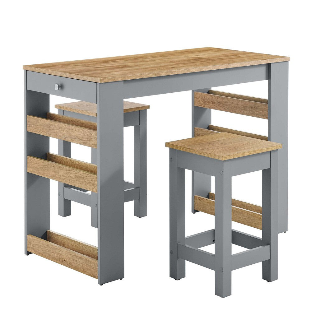 EEI-6730-OAK-GRY Galley 3-Piece Kitchen Island and Stool Set by Modway