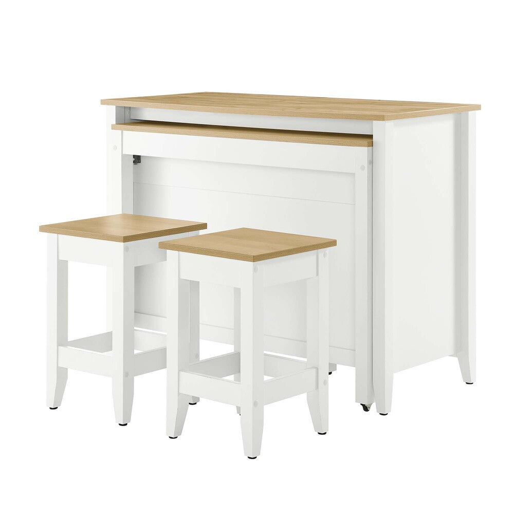 EEI-6894-OAK-WHI Garland 3-Piece Kitchen Island and Stool Set by Modway