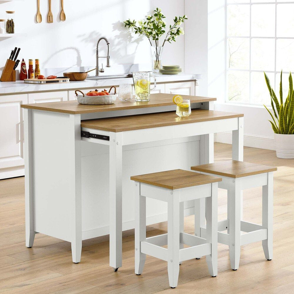 EEI-6894-OAK-WHI Garland 3-Piece Kitchen Island and Stool Set by Modway