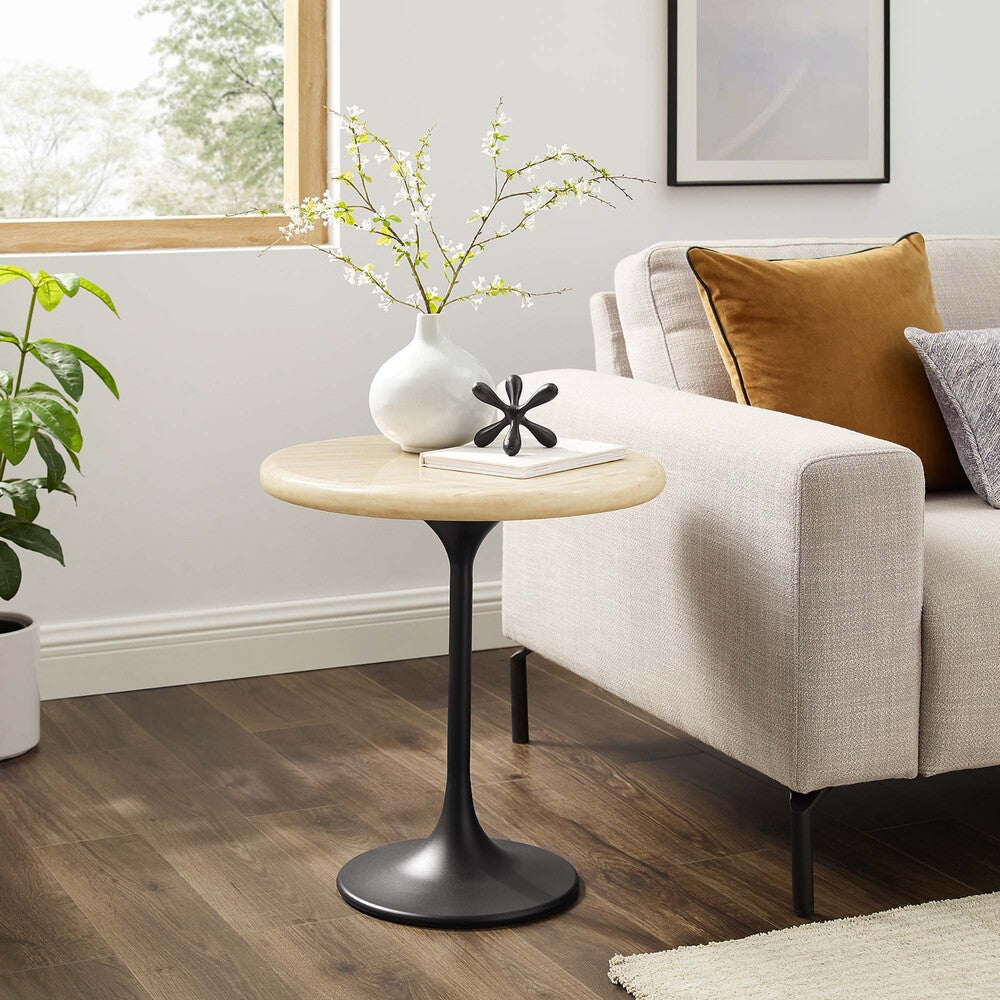 EEI-6747-BLK-TRA Lippa 20" Round Faux Travertine Side Table by Modway
