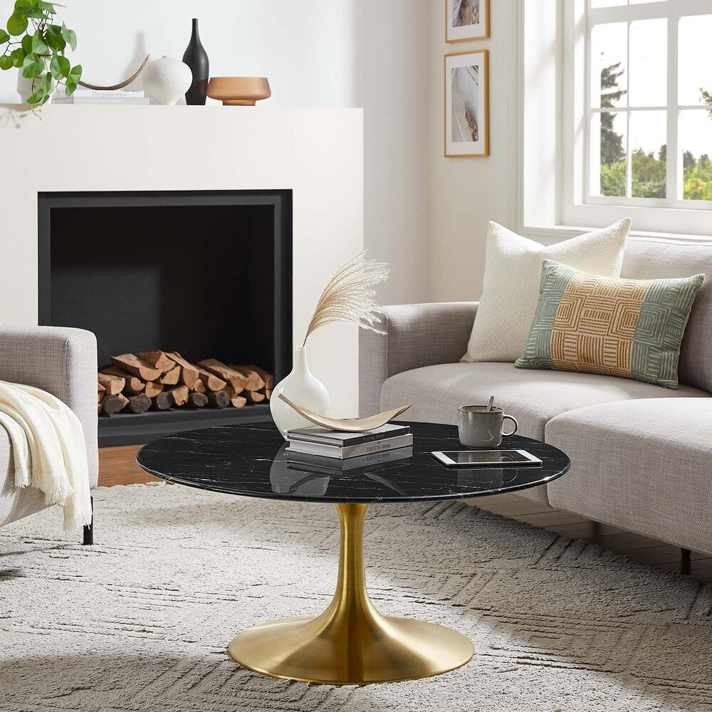 EEI-5521-GLD-BLK Lippa 36" Round Faux Marble Coffee Table by Modway