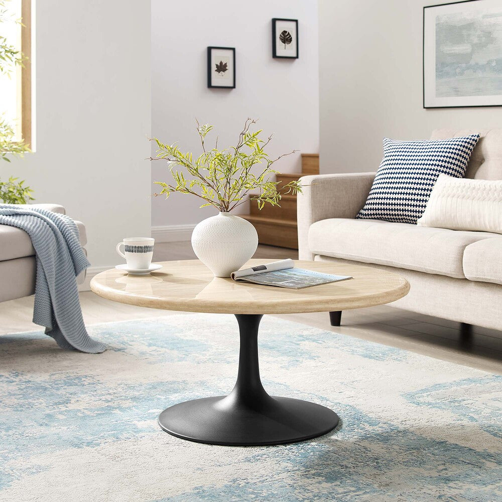 EEI-6751-BLK-TRA Lippa 36" Round Faux Travertine Coffee Table by Modway