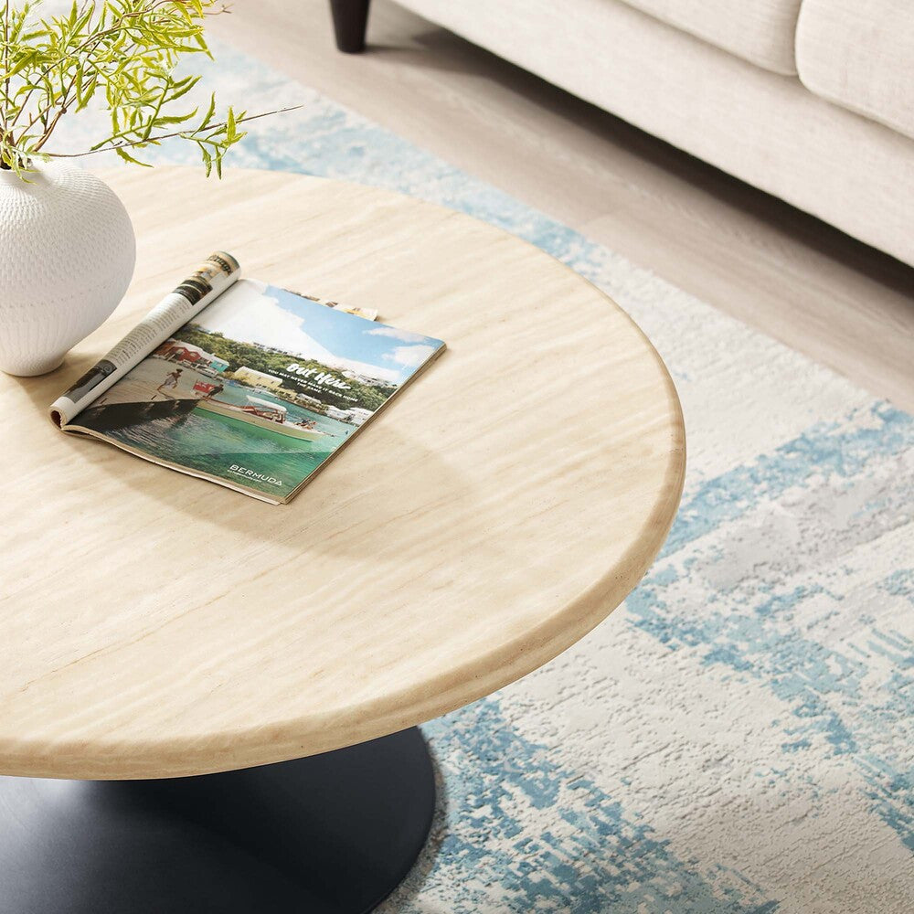 EEI-6751-BLK-TRA Lippa 36" Round Faux Travertine Coffee Table by Modway