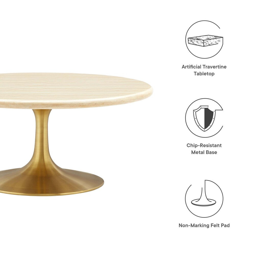 EEI-6753-GLD-TRA Lippa 36" Round Faux Travertine Coffee Table by Modway