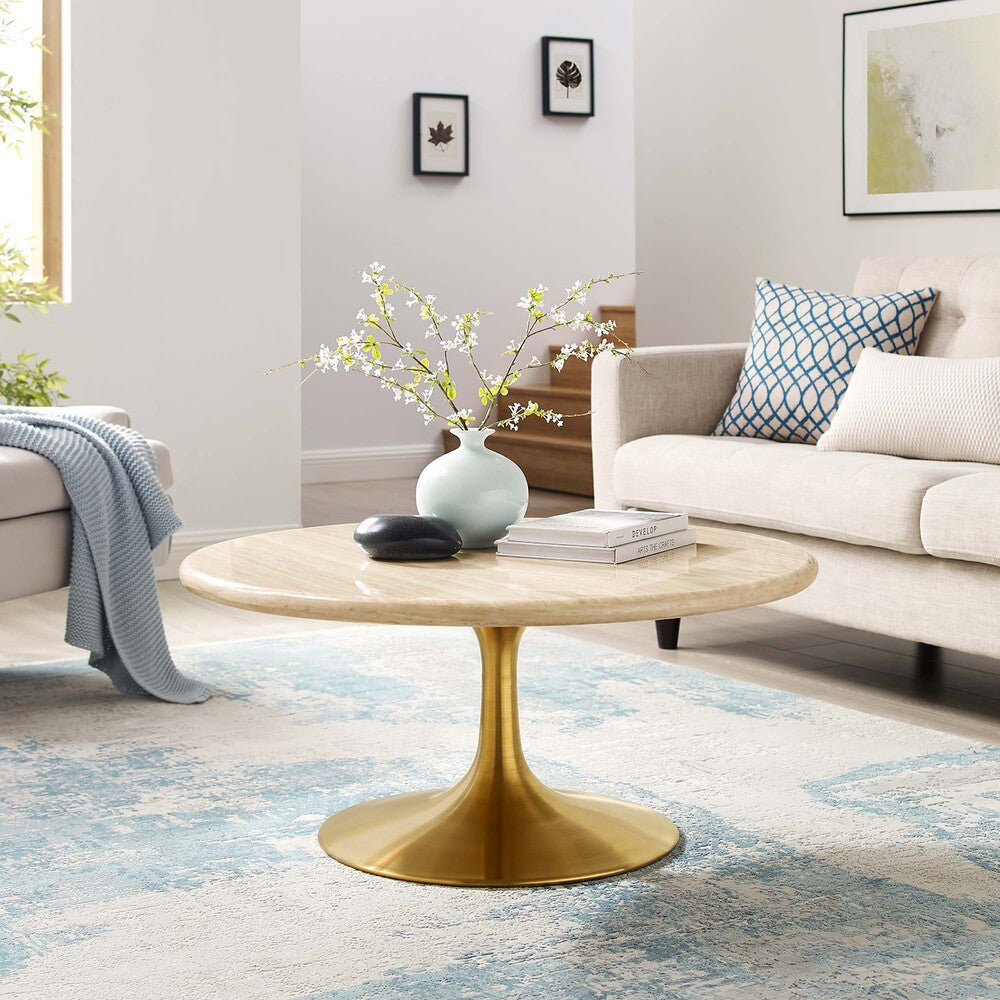 EEI-6753-GLD-TRA Lippa 36" Round Faux Travertine Coffee Table by Modway