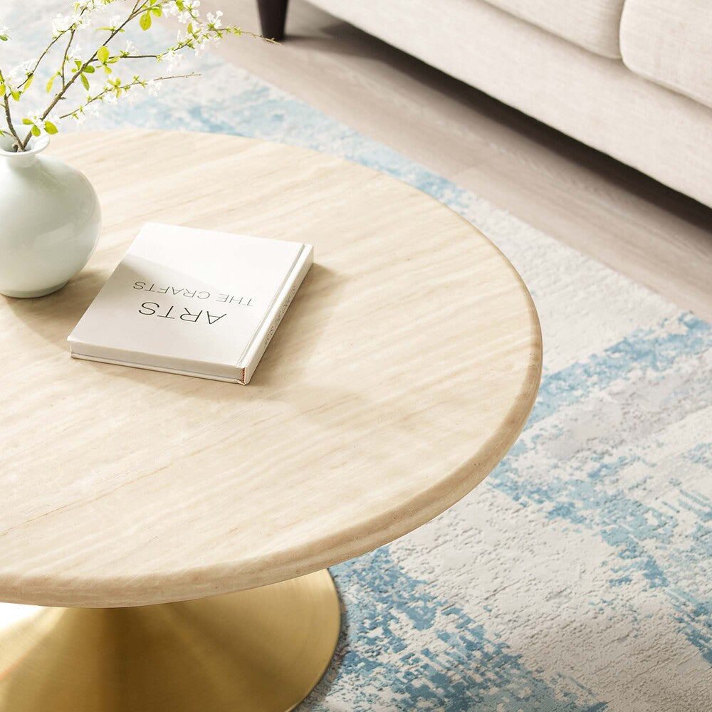 EEI-6753-GLD-TRA Lippa 36" Round Faux Travertine Coffee Table by Modway