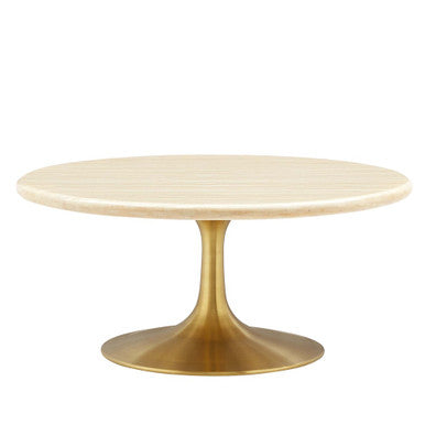 Modway EEI-6753-GLD-TRA Lippa 36" Round Faux Travertine Coffee Table Gold Travertine