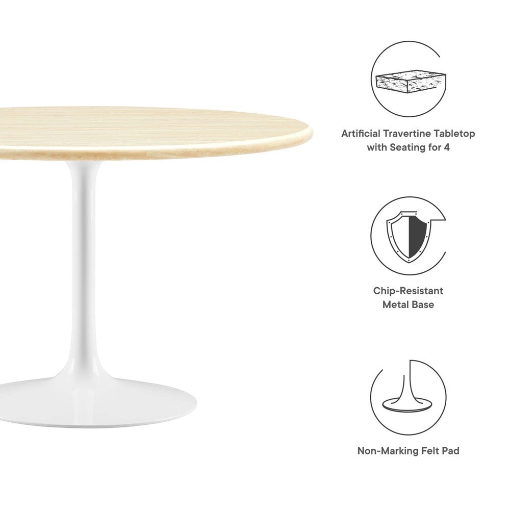 EEI-6754-WHI-TRA Lippa 48" Round Faux Travertine Dining Table by Modway