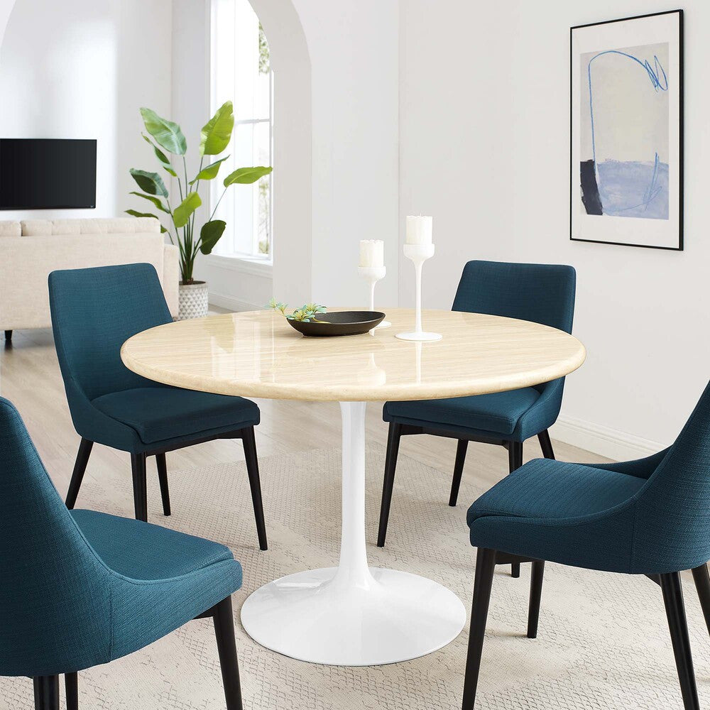 EEI-6754-WHI-TRA Lippa 48" Round Faux Travertine Dining Table by Modway