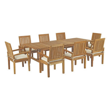 Modway EEI-3312-NAT-WHI-SET Marina 9 Piece Outdoor Patio Teak Dining Set Natural White