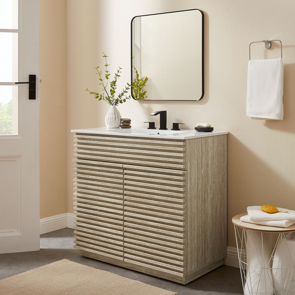 EEI-7049-WHI Render 36" Faux Travertine Bathroom Vanity With Sink by Modway