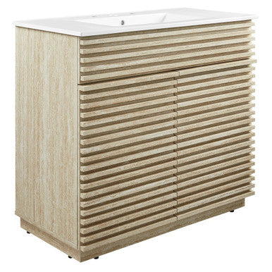 Modway EEI-7049-WHI Render 36" Faux Travertine Bathroom Vanity With Sink White