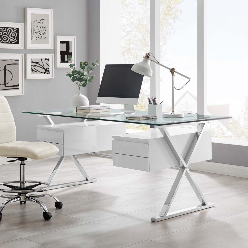 EEI-6226-WHI Sector 71" Glass Top Glass Office Desk by Modway