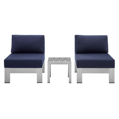 Modway EEI-4312-SLV-NAV-SET Shore 3 Piece Sunbrella&reg; Fabric Outdoor Patio Aluminum Set Silver Navy
