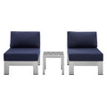 Modway EEI-4312-SLV-NAV-SET Shore 3 Piece Sunbrella&reg; Fabric Outdoor Patio Aluminum Set Silver Navy