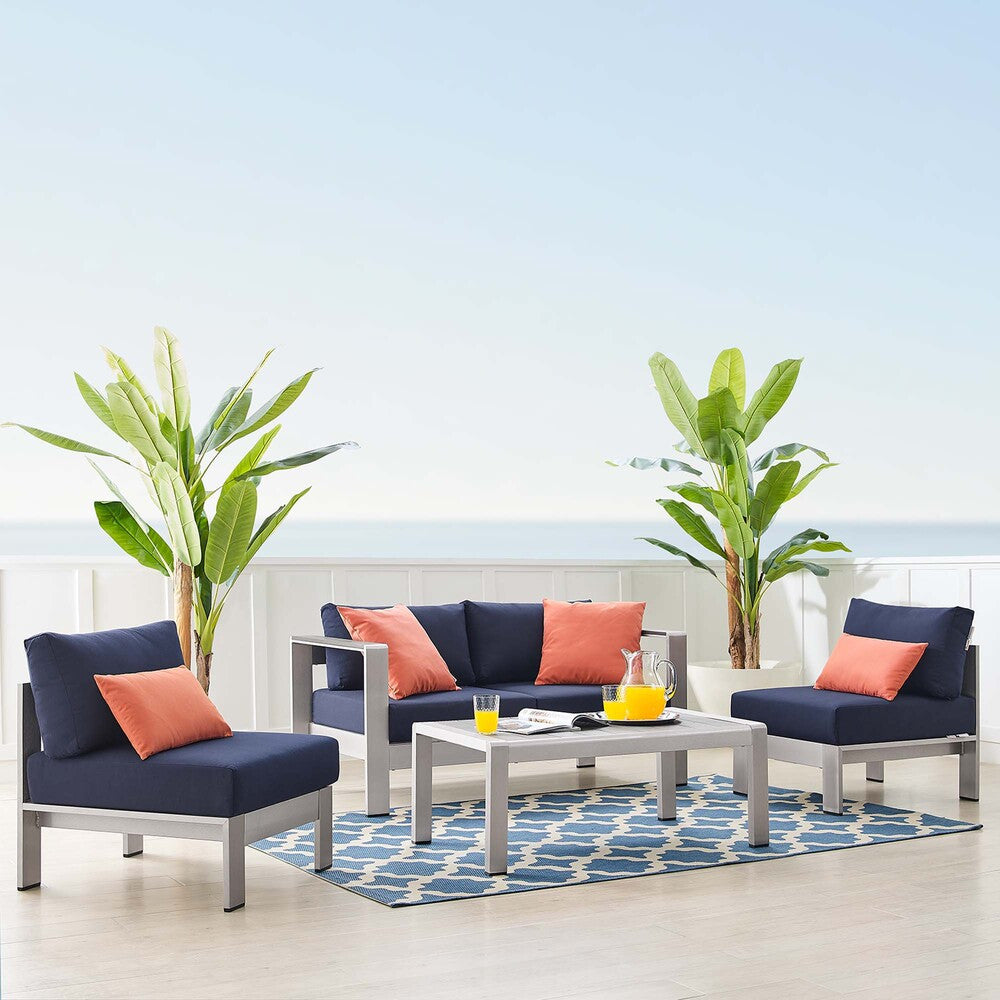 EEI-4315-SLV-NAV-SET Shore 4 Piece Sunbrella&reg; Fabric Outdoor Patio Aluminum Set by Modway