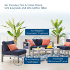 EEI-4315-SLV-NAV-SET Shore 4 Piece Sunbrella&reg; Fabric Outdoor Patio Aluminum Set by Modway