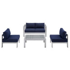 Modway EEI-4315-SLV-NAV-SET Shore 4 Piece Sunbrella&reg; Fabric Outdoor Patio Aluminum Set Silver Navy