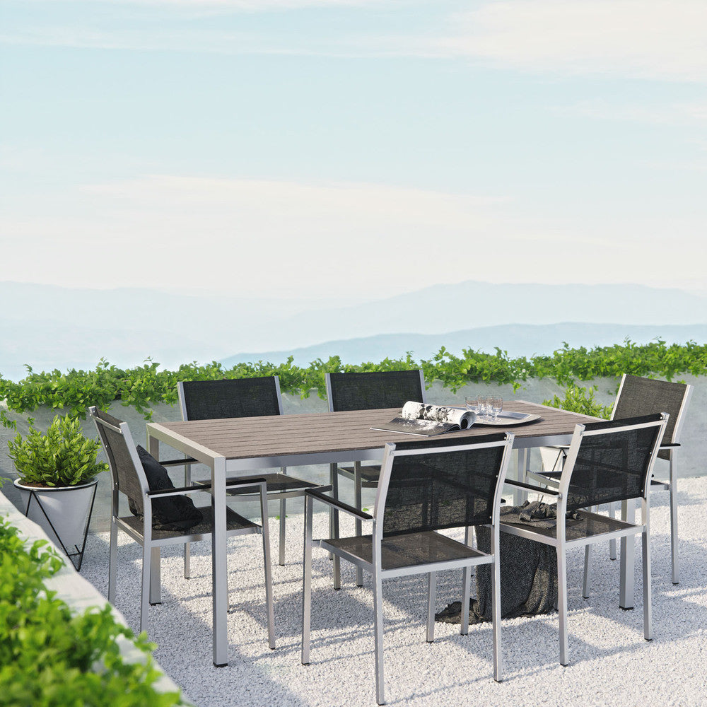 EEI-2486-SLV-BLK-SET Shore 7 Piece Outdoor Patio Aluminum Dining Set by Modway