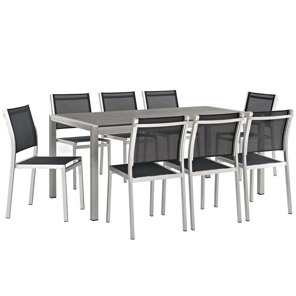EEI-2583-SLV-BLK-SET Shore 9 Piece Outdoor Patio Aluminum Dining Set by Modway