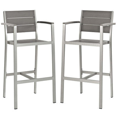 Modway EEI-3155-SLV-GRY-SET Shore Outdoor Patio Aluminum Bar Stool Set of 2 Silver Gray