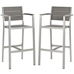 Modway EEI-3155-SLV-GRY-SET Shore Outdoor Patio Aluminum Bar Stool Set of 2 Silver Gray