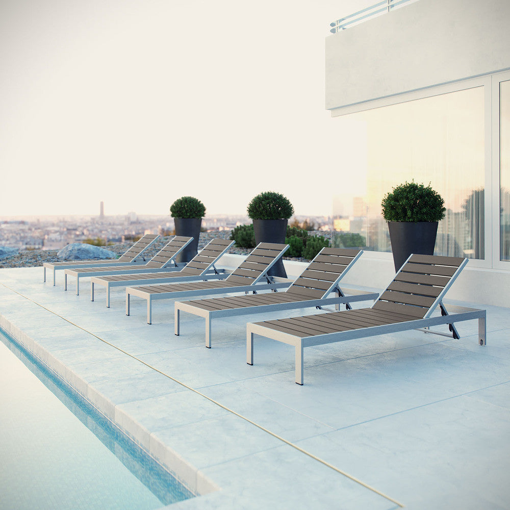 EEI-2469-SLV-GRY-SET Shore Outdoor Patio Aluminum Chaise Set of 6 by Modway