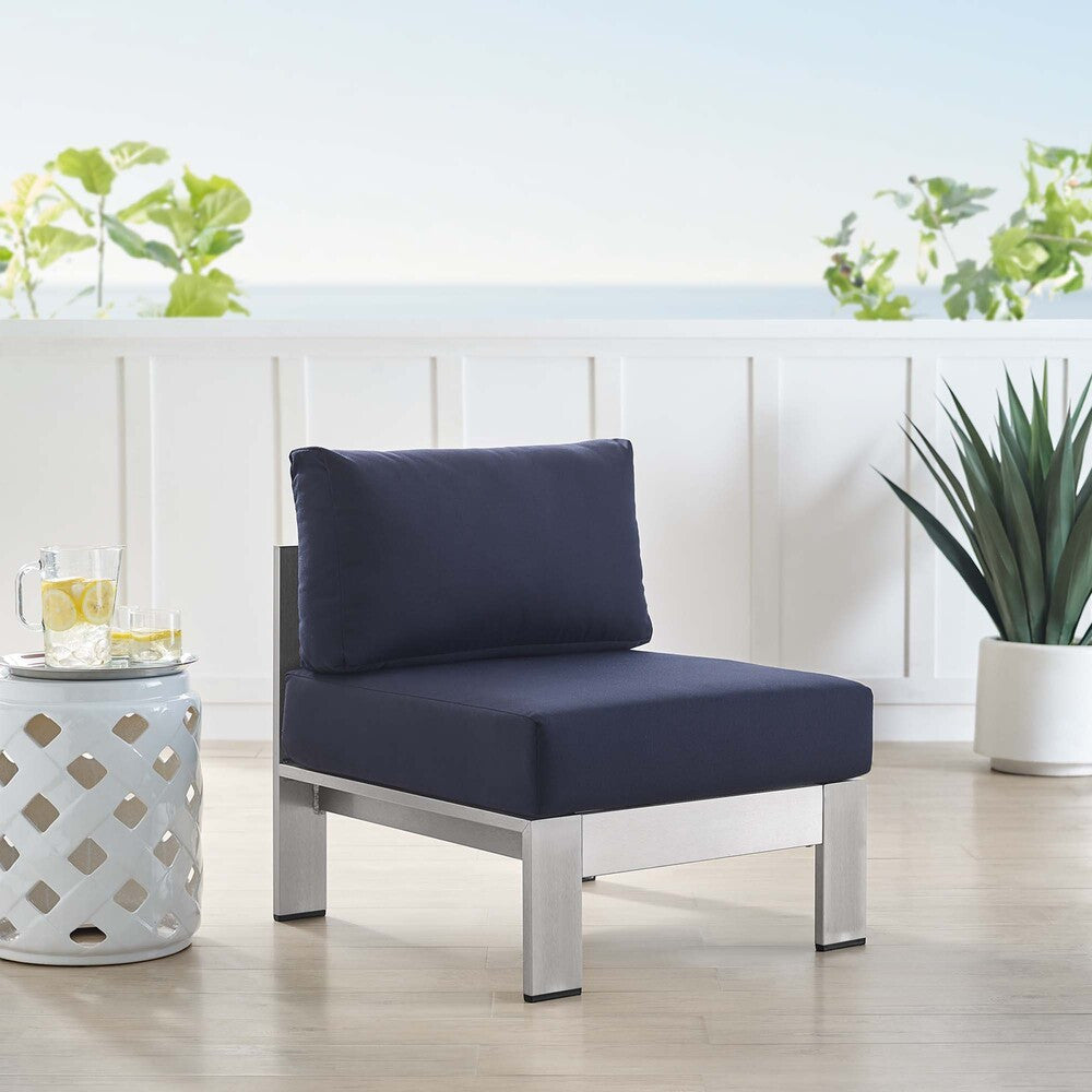 EEI-4227-SLV-NAV Shore Sunbrella&reg; Fabric Aluminum Outdoor Patio Armless Chair by Modway