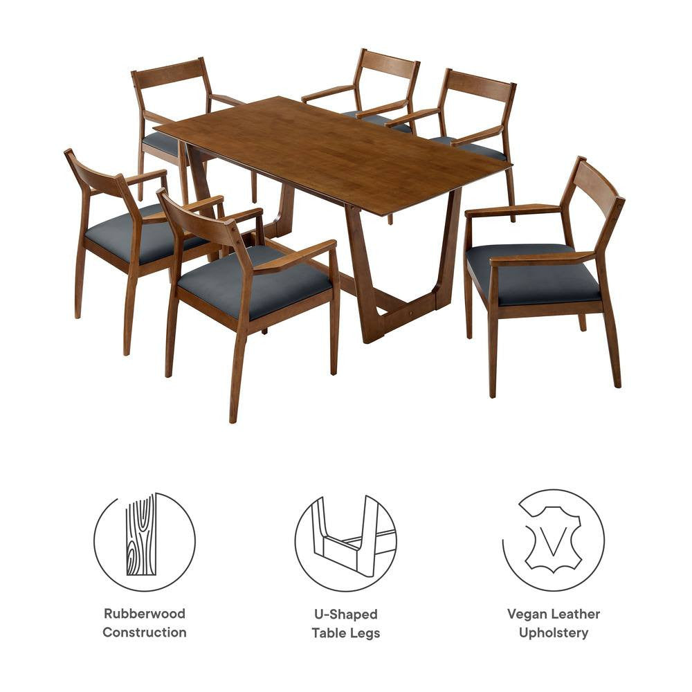 EEI-7075-WAL-BLK Solara 7-Piece Wood Dining Set with Vegan Leather Armchairs by Modway