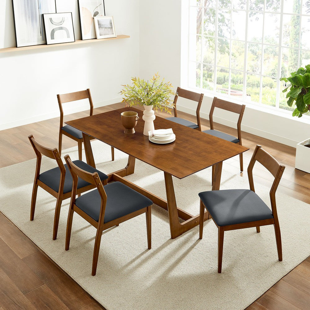 EEI-7078-WAL-BLK Solara 7-Piece Wood Dining Set with Vegan Leather Side Chairs by Modway