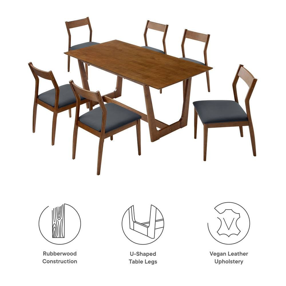 EEI-7078-WAL-BLK Solara 7-Piece Wood Dining Set with Vegan Leather Side Chairs by Modway