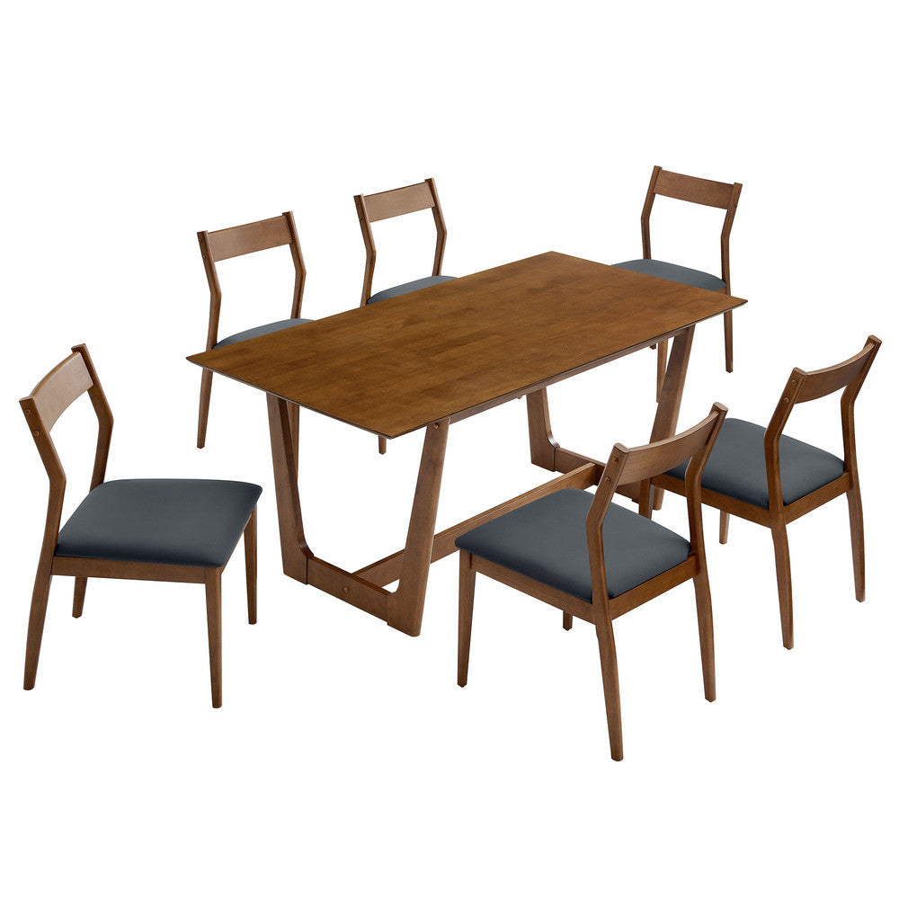 EEI-7078-WAL-BLK Solara 7-Piece Wood Dining Set with Vegan Leather Side Chairs by Modway