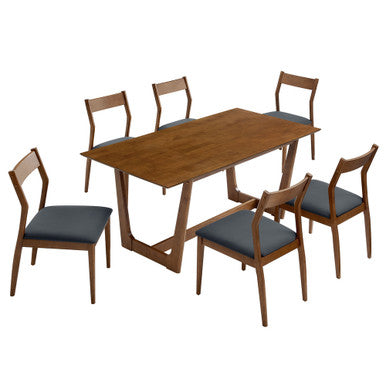 Modway EEI-7078-WAL-BLK Solara 7-Piece Wood Dining Set with Vegan Leather Side Chairs Walnut Black