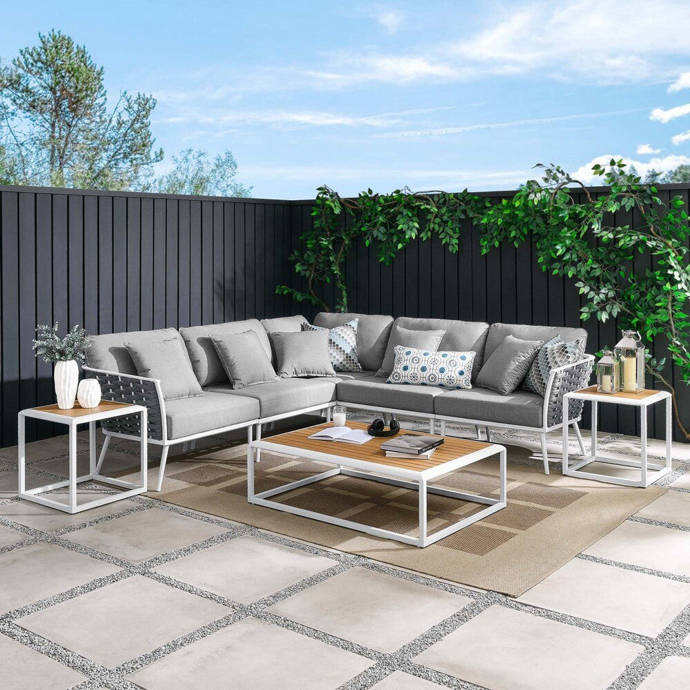 EEI-5757-WHI-GRY Stance 8 Piece Outdoor Patio Aluminum Sectional Sofa Set by Modway
