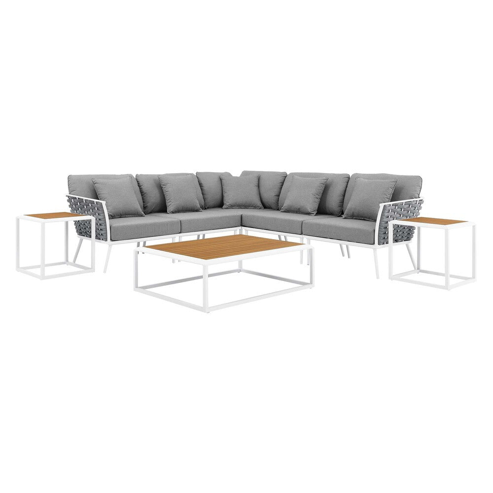 EEI-5757-WHI-GRY Stance 8 Piece Outdoor Patio Aluminum Sectional Sofa Set by Modway