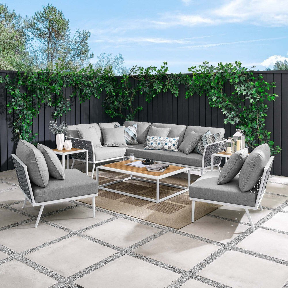 EEI-5758-WHI-GRY Stance 9 Piece Aluminum Outdoor Patio Aluminum Sectional Sofa Set by Modway