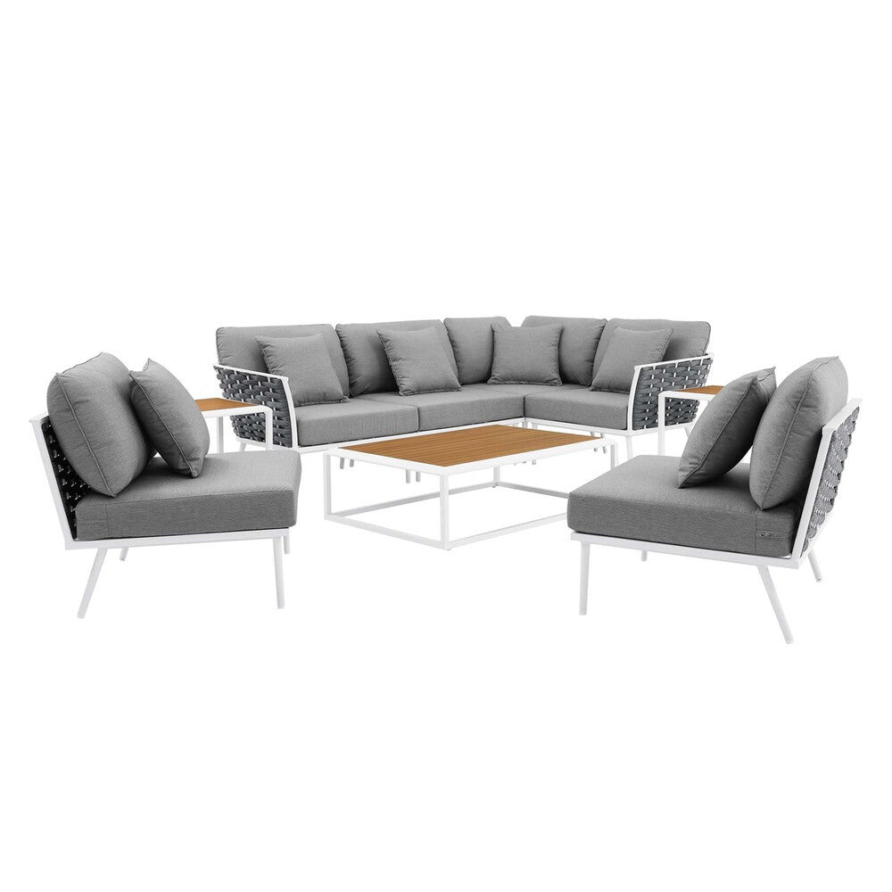 EEI-5758-WHI-GRY Stance 9 Piece Aluminum Outdoor Patio Aluminum Sectional Sofa Set by Modway