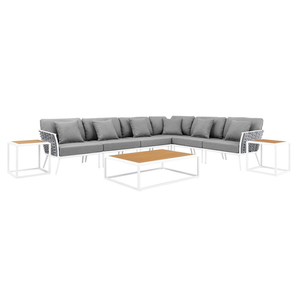 EEI-5758-WHI-GRY Stance 9 Piece Aluminum Outdoor Patio Aluminum Sectional Sofa Set by Modway