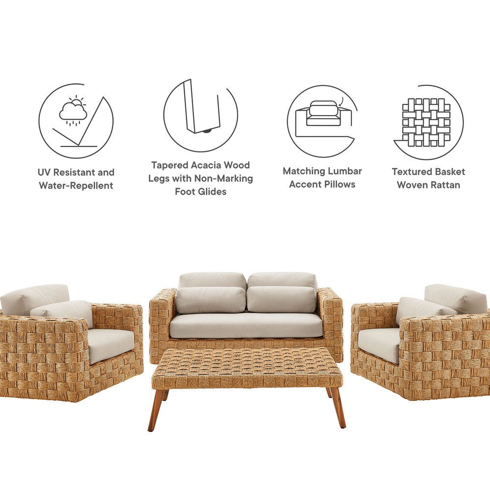 EEI-7135-NAT-LGR Thames 4-Piece Outdoor Patio Wicker Outdoor Patio Rattan Furniture Set by Modway