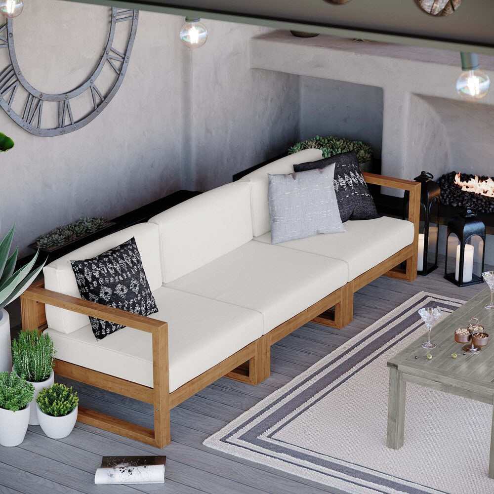 EEI-4254-NAT-WHI-SET Upland 3-Piece Outdoor Patio Teak Wood Sectional Sofa Set by Modway