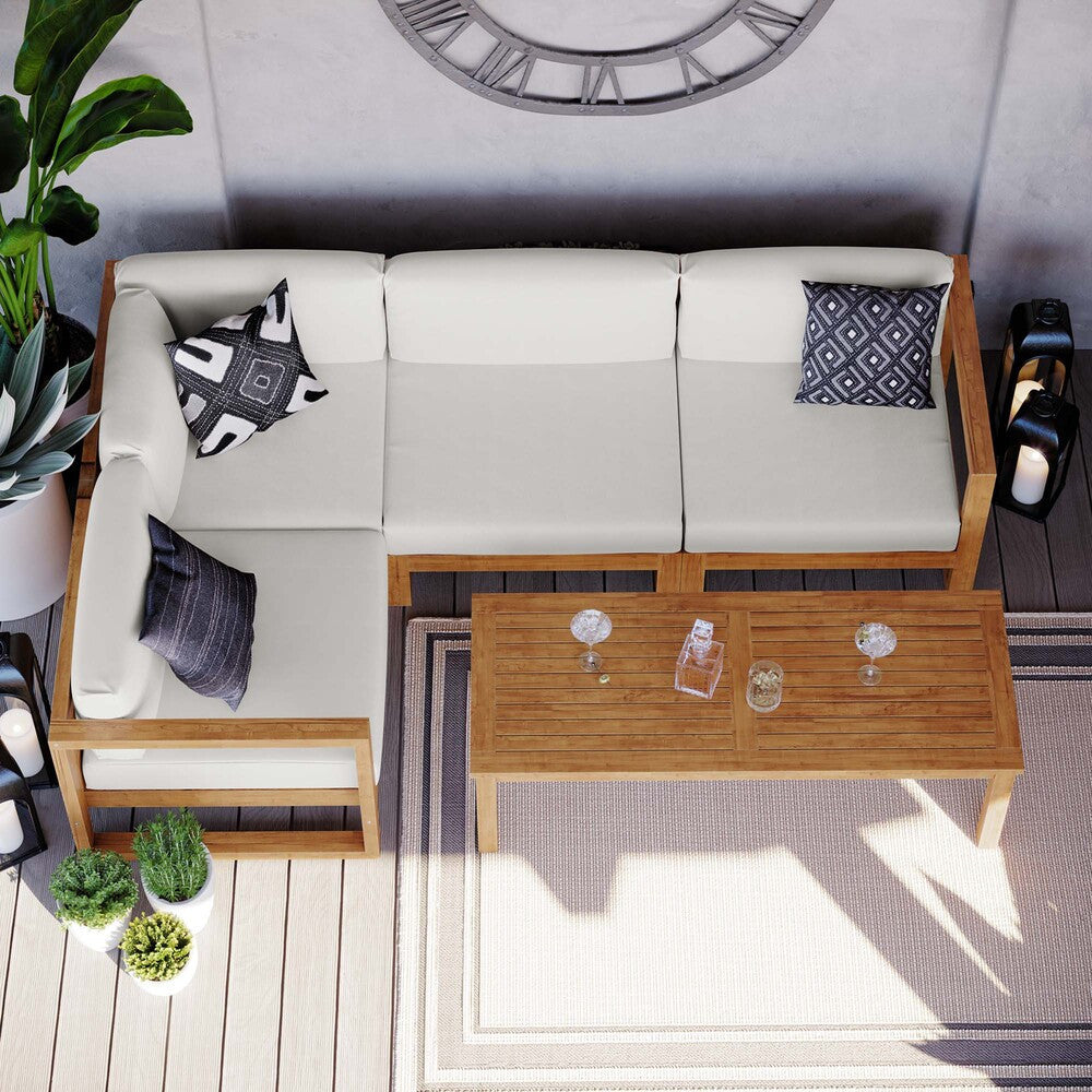 EEI-4619-NAT-WHI-SET Upland 5-Piece Outdoor Patio Teak Wood Sectional Sofa Set by Modway